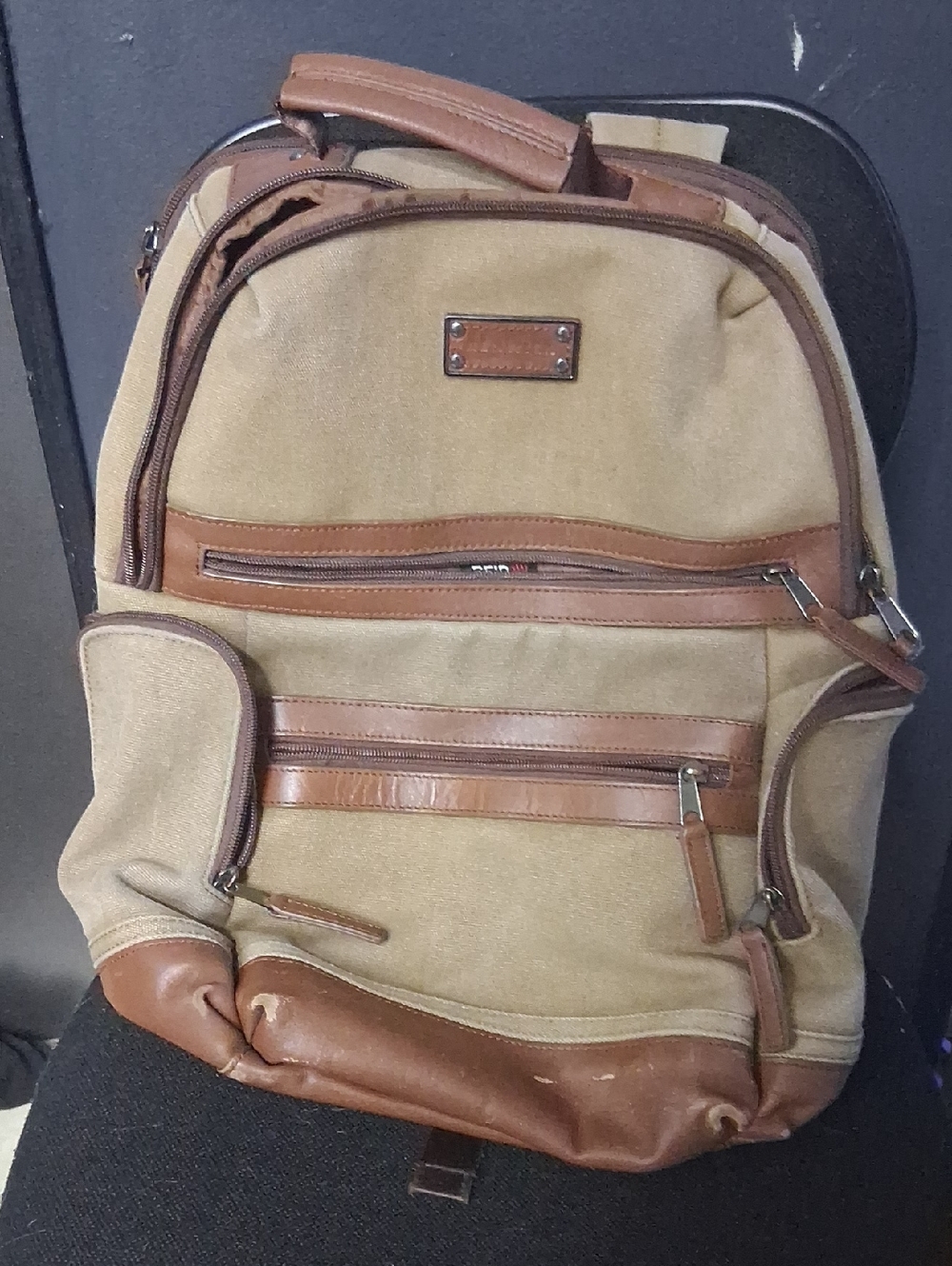 Men's Canvas and Brown Leather Travel Backpack - Tan